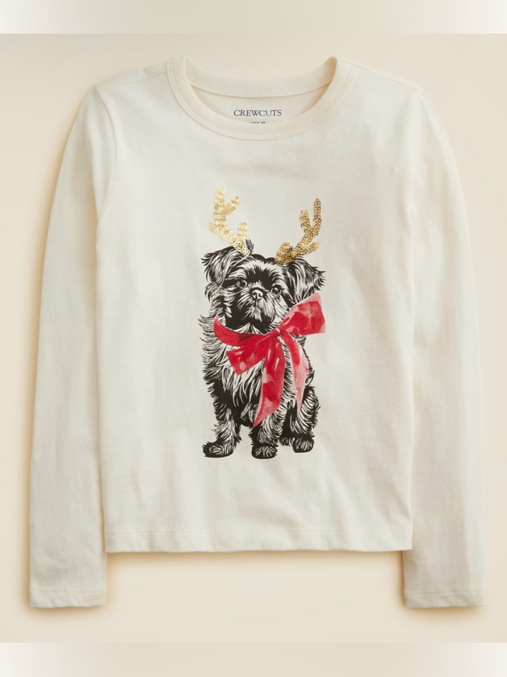NWT J. Crew Girls' Long-sleeve Antler Pup Graphic T-shirt Sequins Ivory